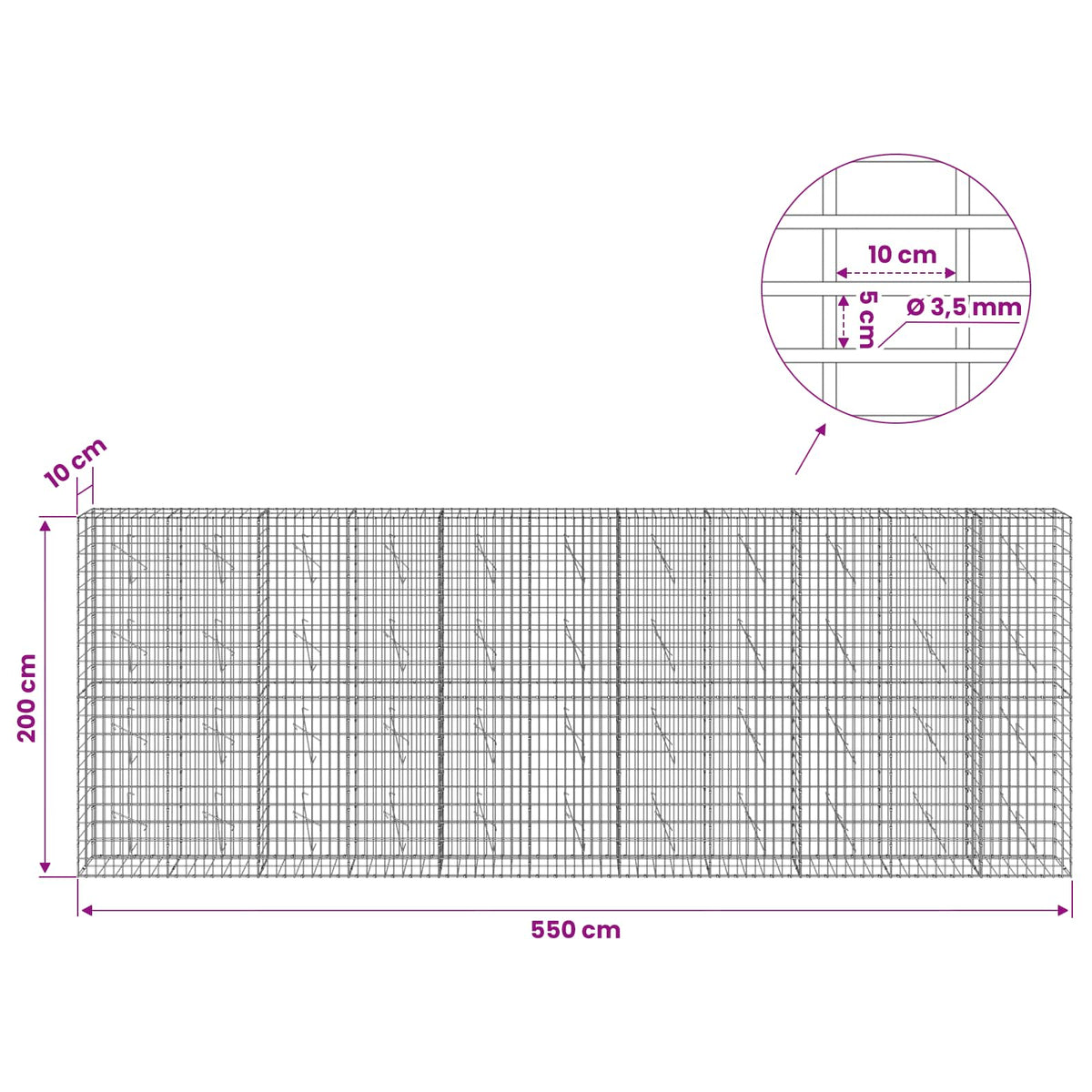 Gabion s žicom debljine 3,5 mm i mrežom 5x10 cm 550x10x200 cm