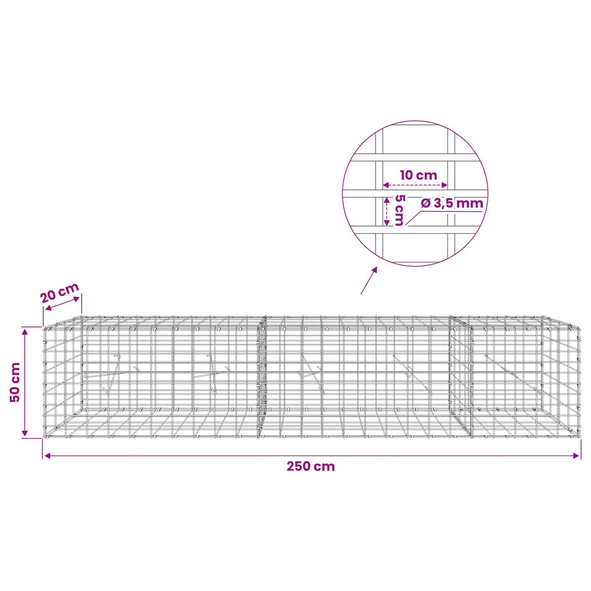 Gabion s žicom debljine 3,5 mm i mrežom 5x10 cm 250x20x50 cm