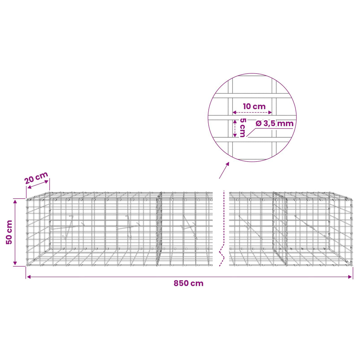 Gabion s žicom debljine 3,5 mm i mrežom 5x10 cm 850x20x50 cm