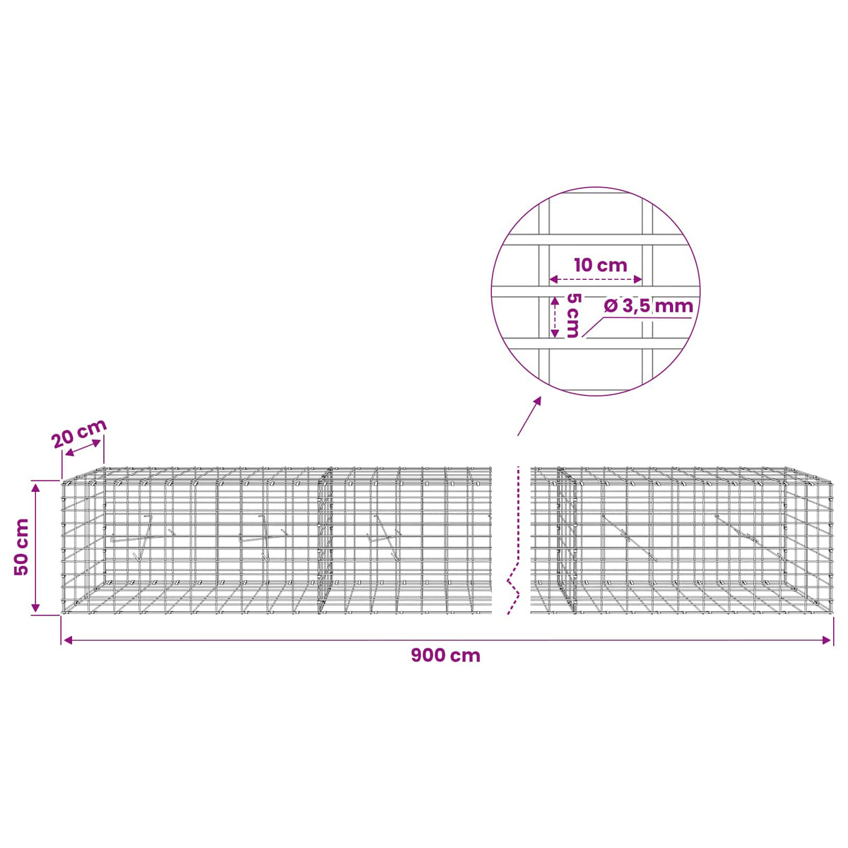 Gabion s žicom debljine 3,5 mm i mrežom 5x10 cm 900x20x50 cm