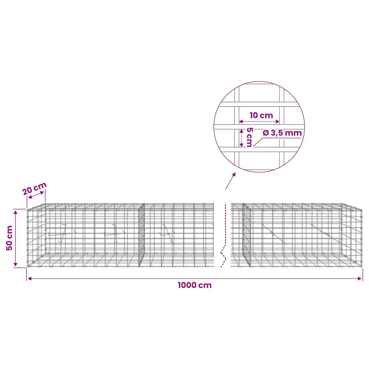 Gabion s žicom debljine 3,5 mm i mrežom 5x10 cm 1000x20x50 cm