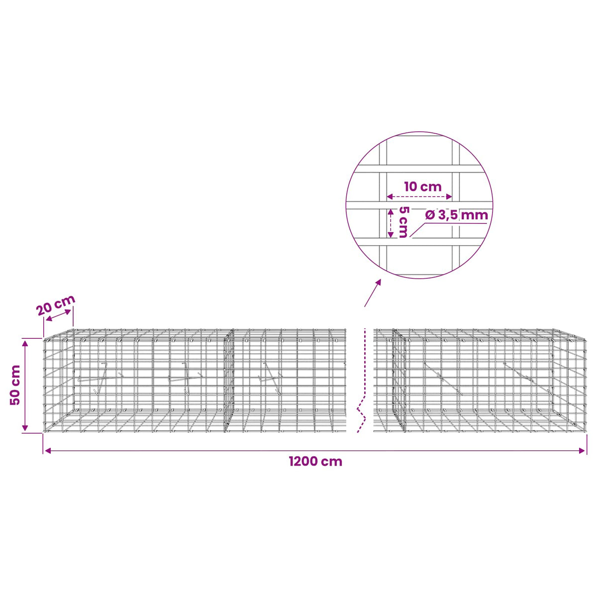 Gabion s žicom debljine 3,5 mm i mrežom 5x10 cm 1200x20x50 cm
