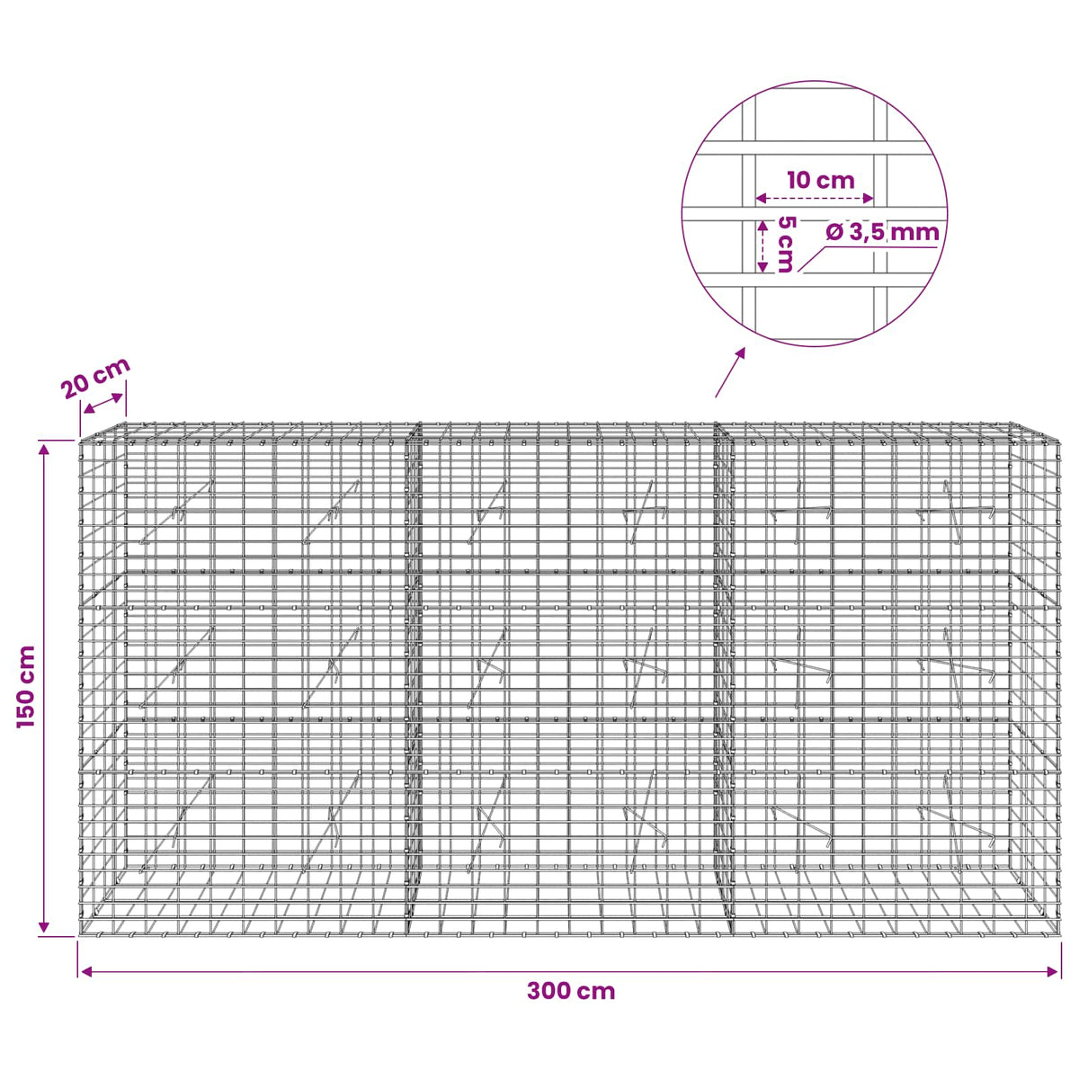 Gabion s žicom debljine 3,5 mm i mrežom 5x10 cm 300x20x150 cm