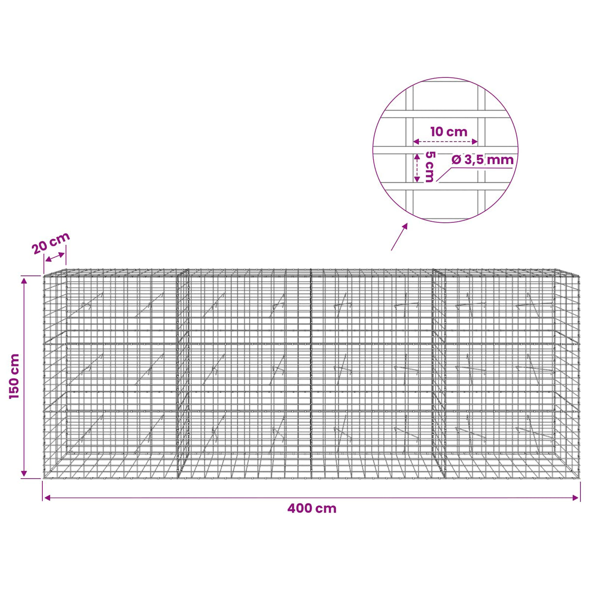 Gabion s žicom debljine 3,5 mm i mrežom 5x10 cm 400x20x150 cm