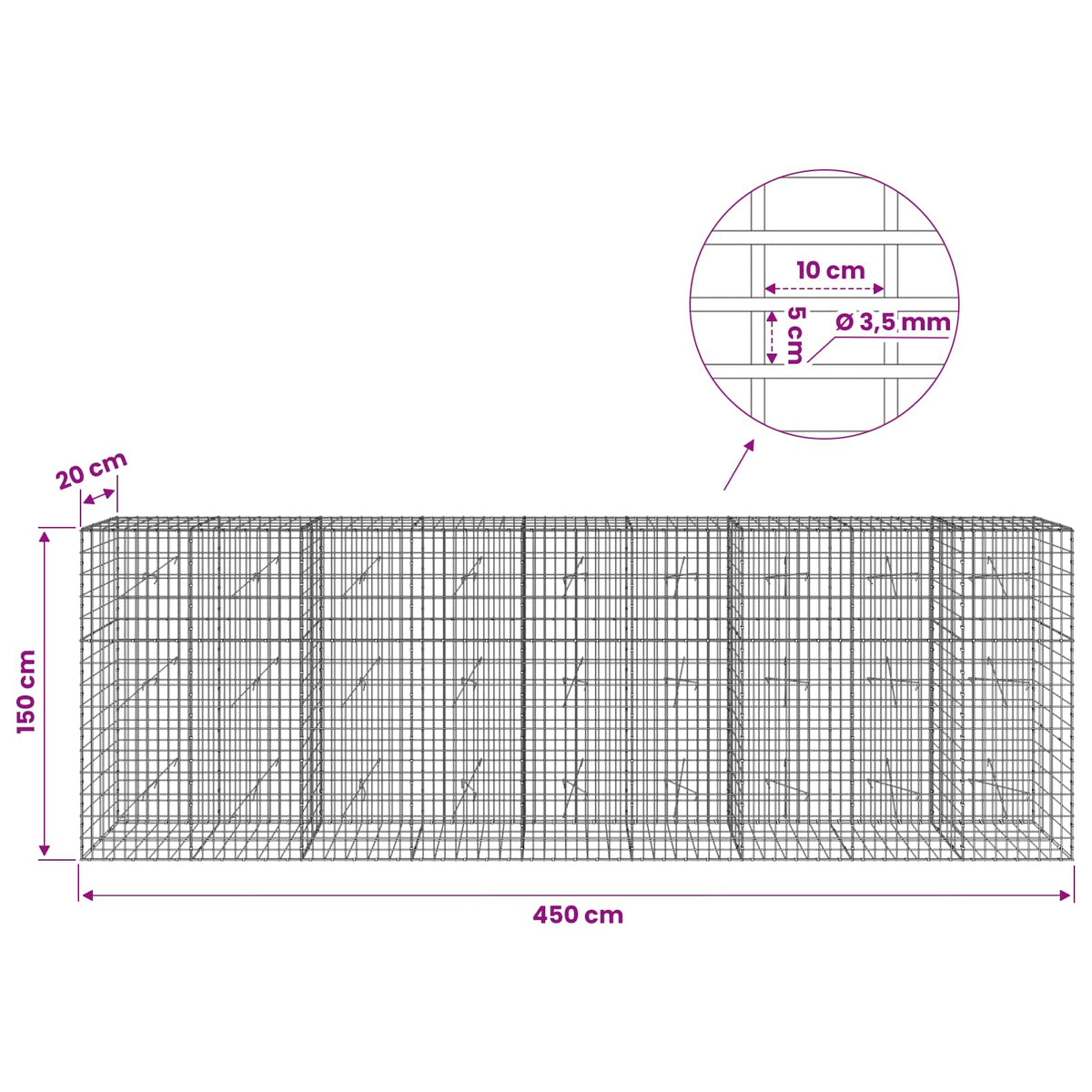 Gabion s žicom debljine 3,5 mm i mrežom 5x10 cm 450x20x150 cm