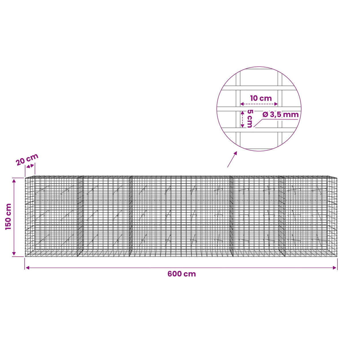 Gabion s žicom debljine 3,5 mm i mrežom 5x10 cm 600x20x150 cm