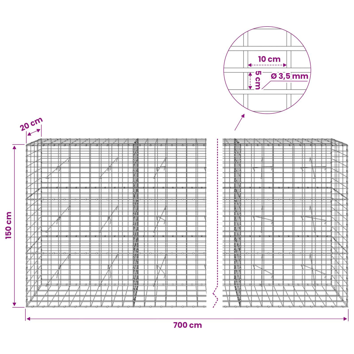 Gabion s žicom debljine 3,5 mm i mrežom 5x10 cm 700x20x150 cm