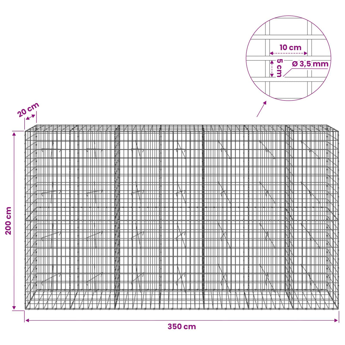 Gabion s žicom debljine 3,5 mm i mrežom 5x10 cm 350x20x200 cm