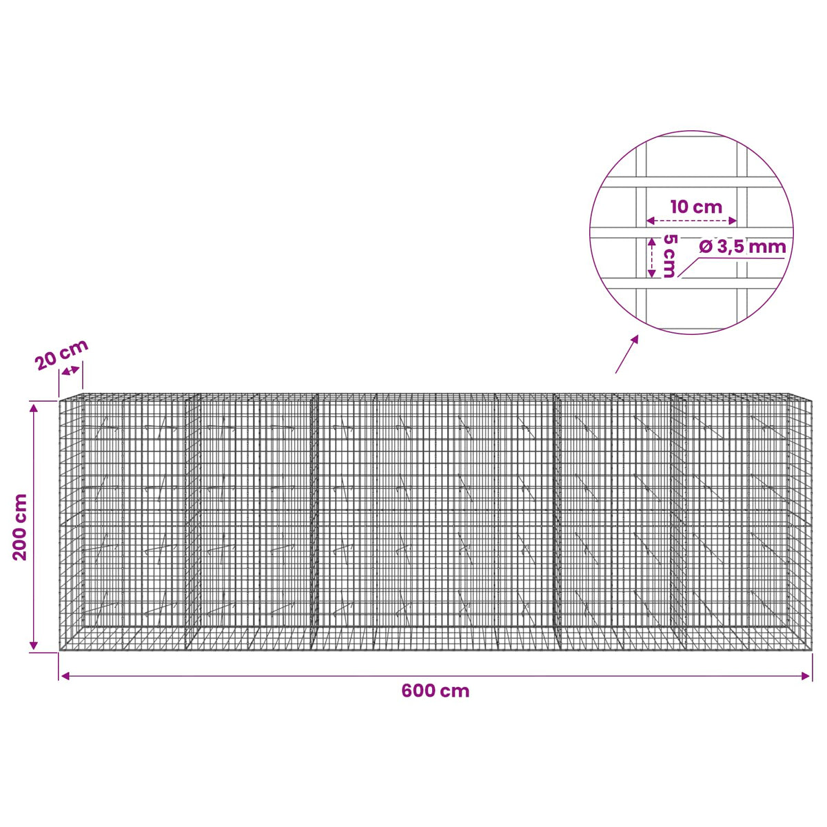 Gabion s žicom debljine 3,5 mm i mrežom 5x10 cm 600x20x200 cm