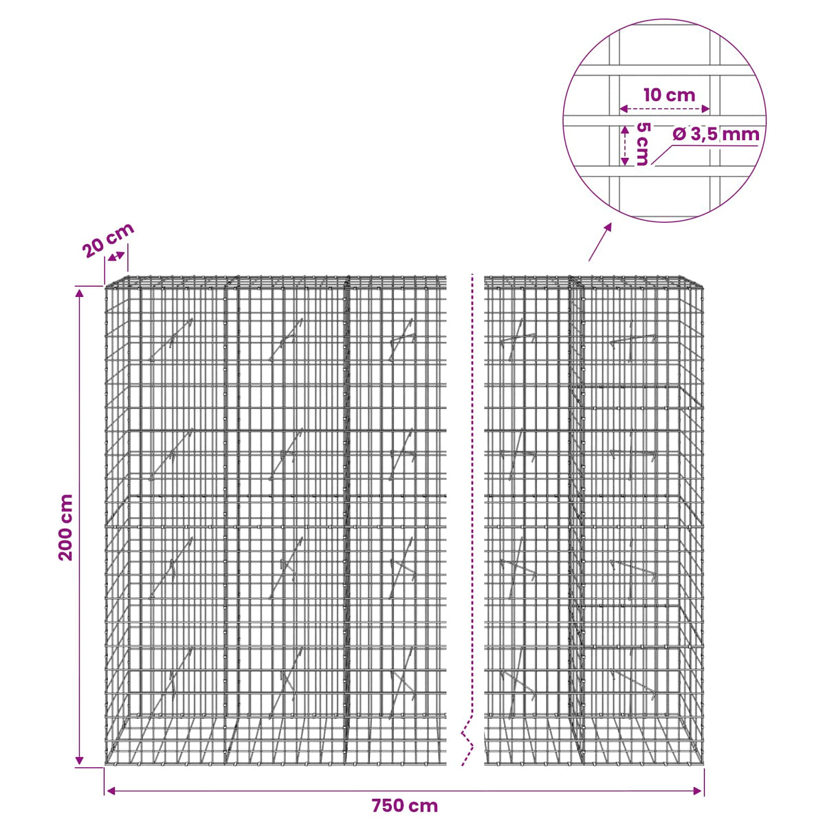 Gabion s žicom debljine 3,5 mm i mrežom 5x10 cm 750x20x200 cm
