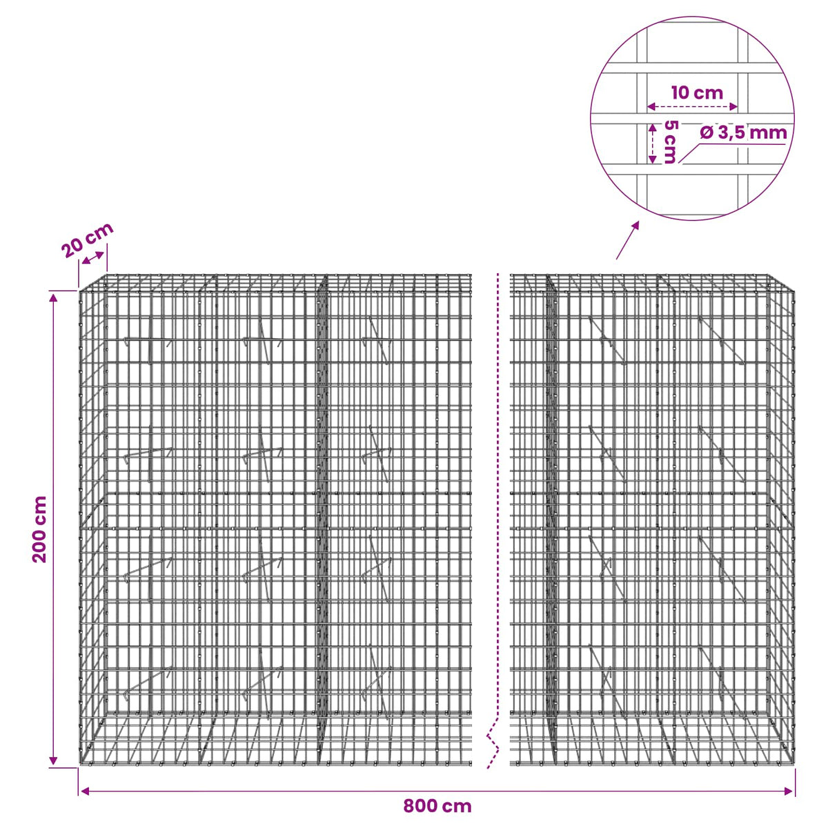 Gabion s žicom debljine 3,5 mm i mrežom 5x10 cm 800x20x200 cm