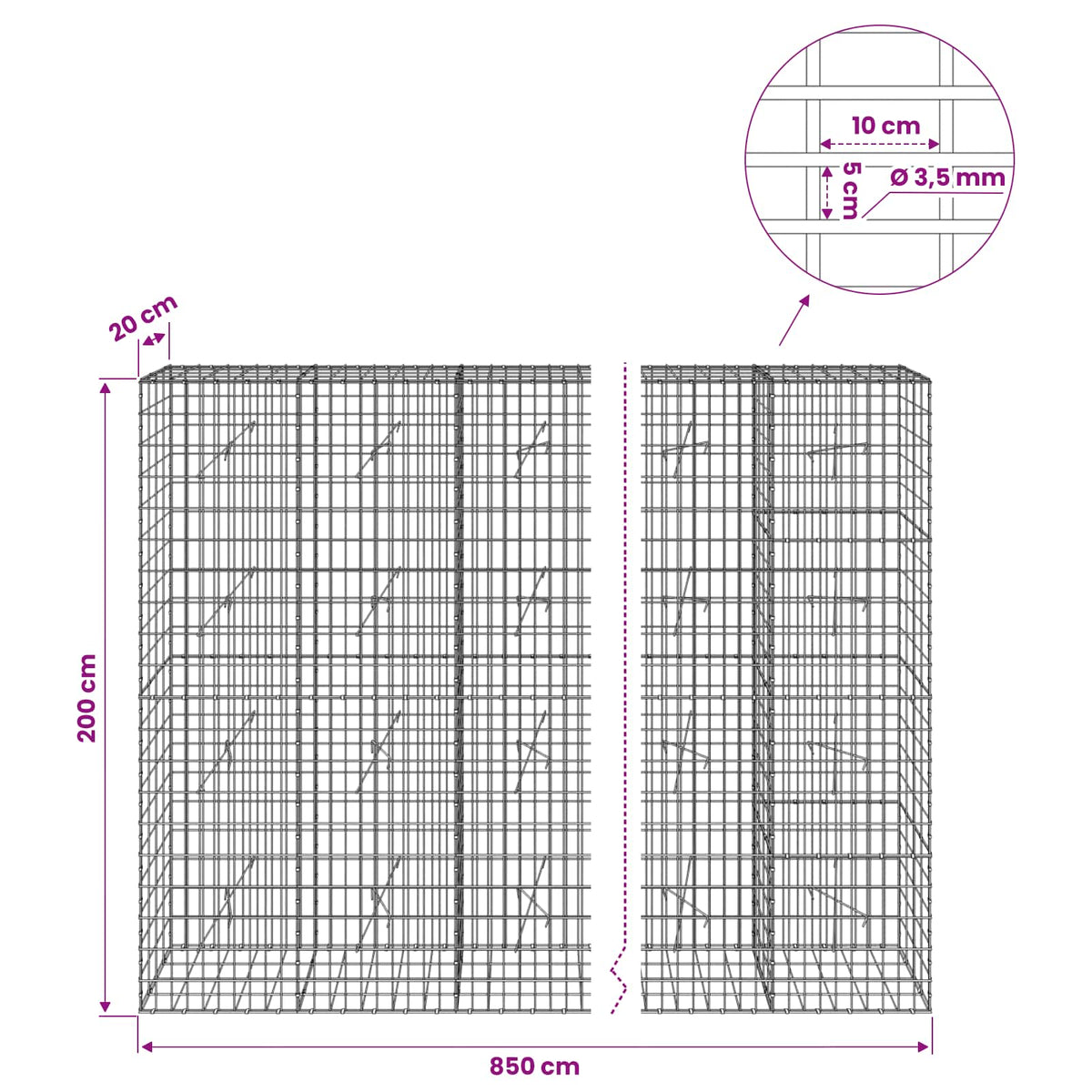 Gabion s žicom debljine 3,5 mm i mrežom 5x10 cm 850x20x200 cm