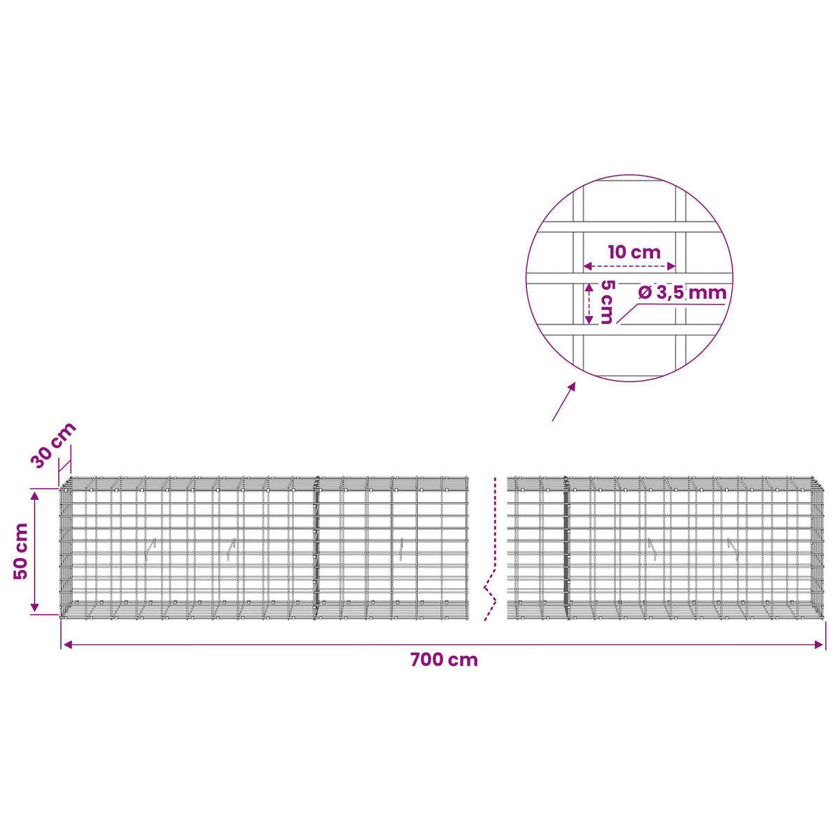 Gabion s žicom debljine 3,5 mm i mrežom 5x10 cm 700x30x50 cm