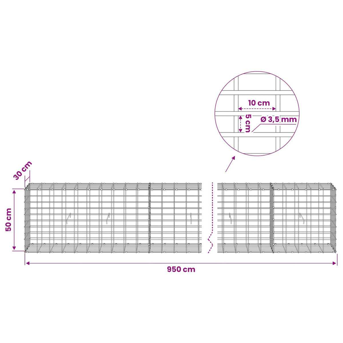 Gabion s žicom debljine 3,5 mm i mrežom 5x10 cm 950x30x50 cm