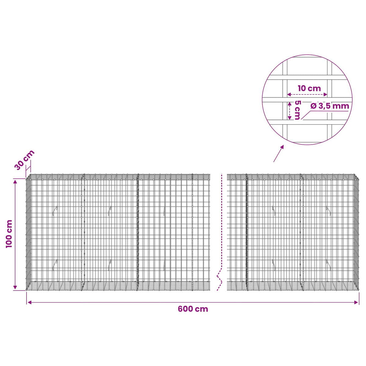 Gabion s žicom debljine 3,5 mm i mrežom 5x10 cm 600x30x100 cm