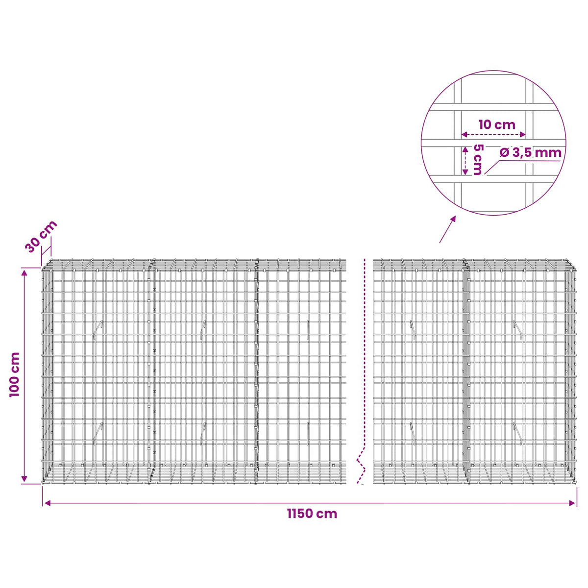 Gabion s žicom debljine 3,5 mm i mrežom 5x10 cm 1150x30x100 cm