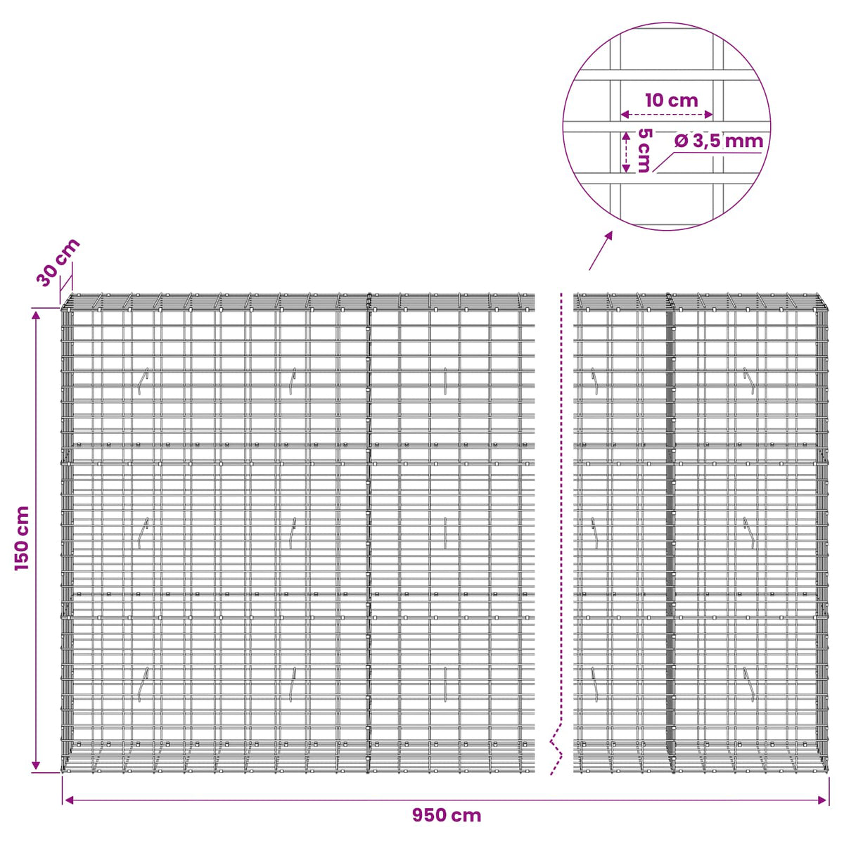 Gabion s žicom debljine 3,5 mm i mrežom 5x10 cm 950x30x150 cm
