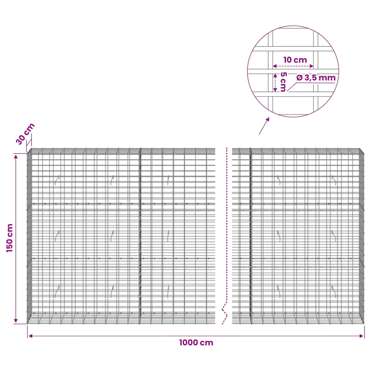 Gabion s žicom debljine 3,5 mm i mrežom 5x10 cm 1000x30x150 cm