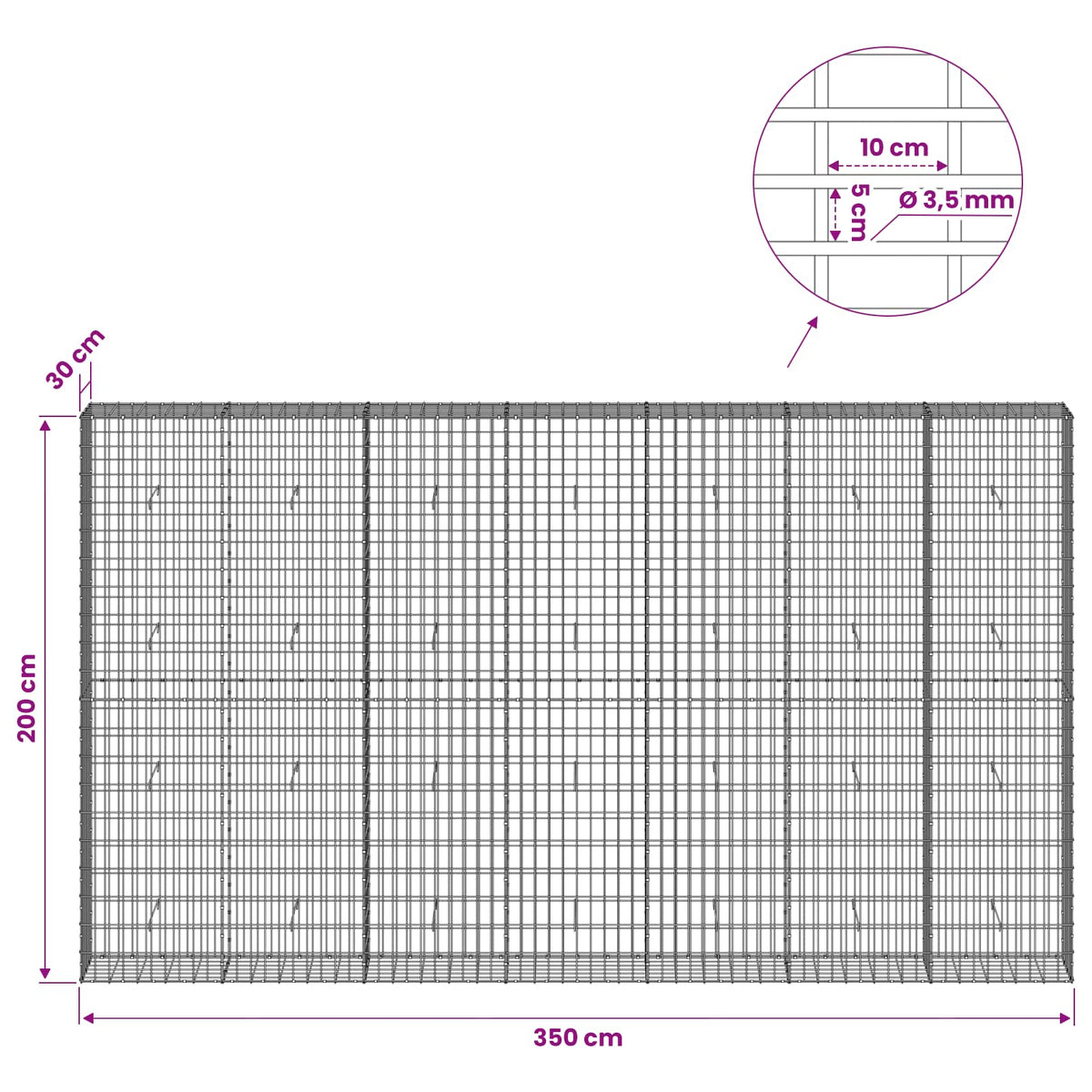 Gabion s žicom debljine 3,5 mm i mrežom 5x10 cm 350x30x200 cm