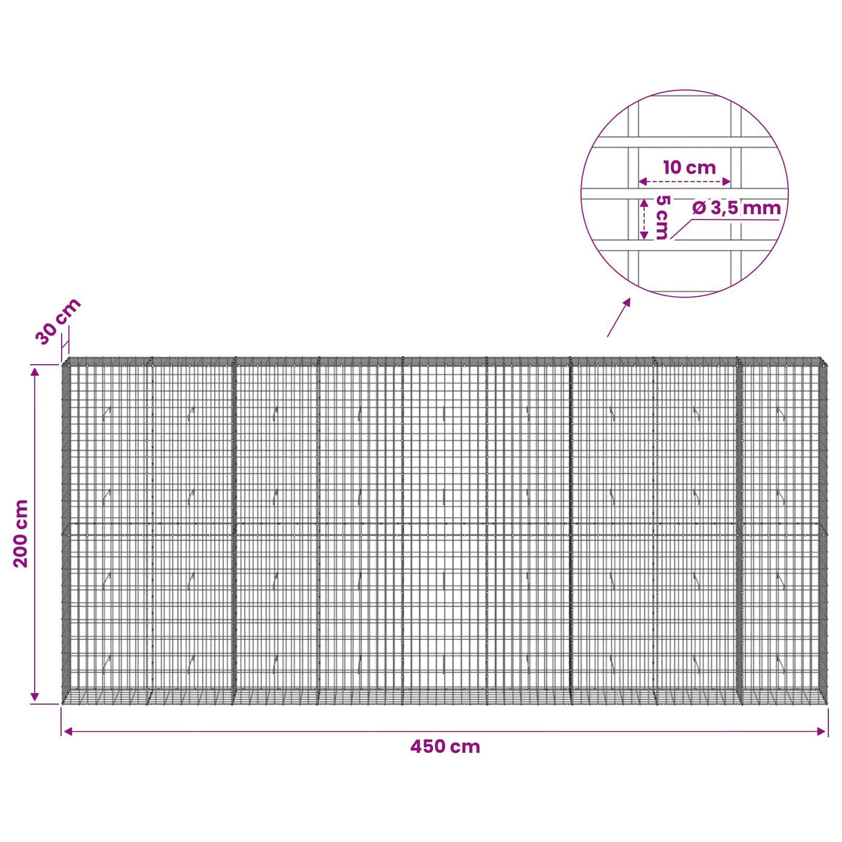 Gabion s žicom debljine 3,5 mm i mrežom 5x10 cm 450x30x200 cm