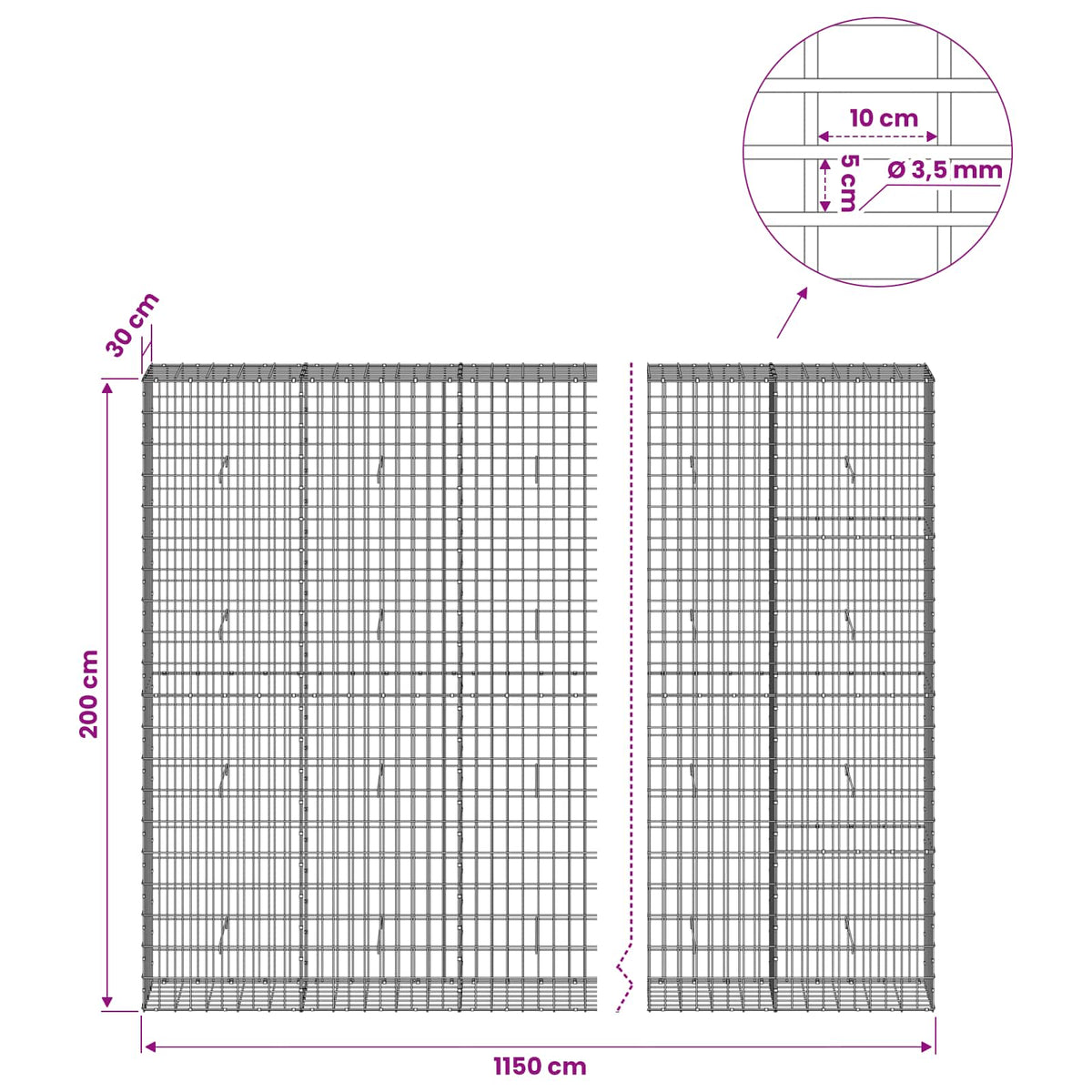 Gabion s žicom debljine 3,5 mm i mrežom 5x10 cm 1150x30x200 cm