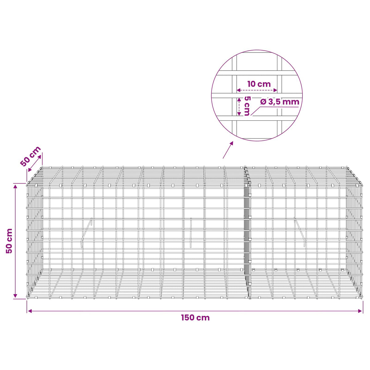 Gabion s žicom debljine 3,5 mm i mrežom 5x10 cm 150x50x50 cm
