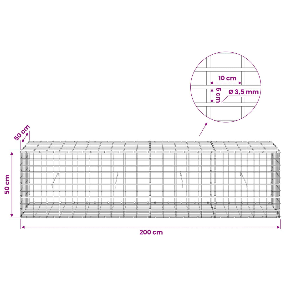 Gabion s žicom debljine 3,5 mm i mrežom 5x10 cm 200x50x50 cm