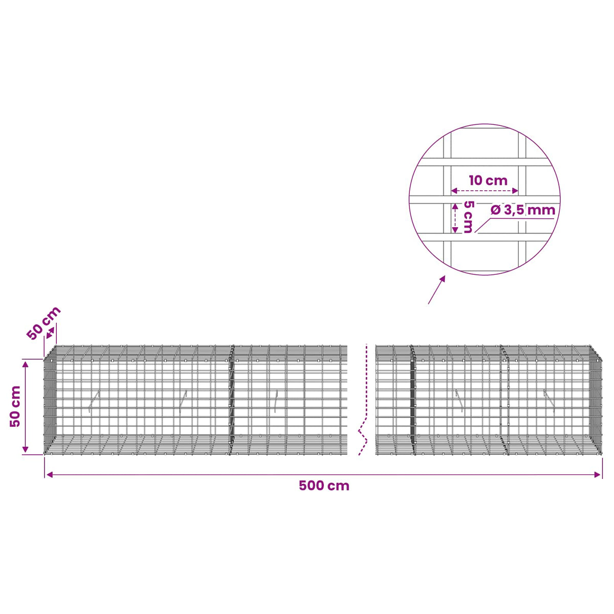 Gabion s žicom debljine 3,5 mm i mrežom 5x10 cm 500x50x50 cm