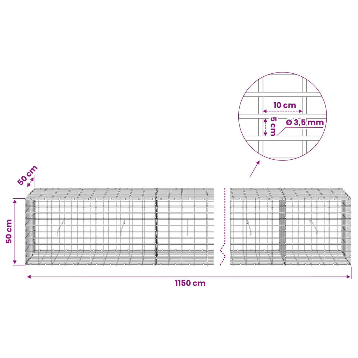 Gabion s žicom debljine 3,5 mm i mrežom 5x10 cm 1150x50x50 cm