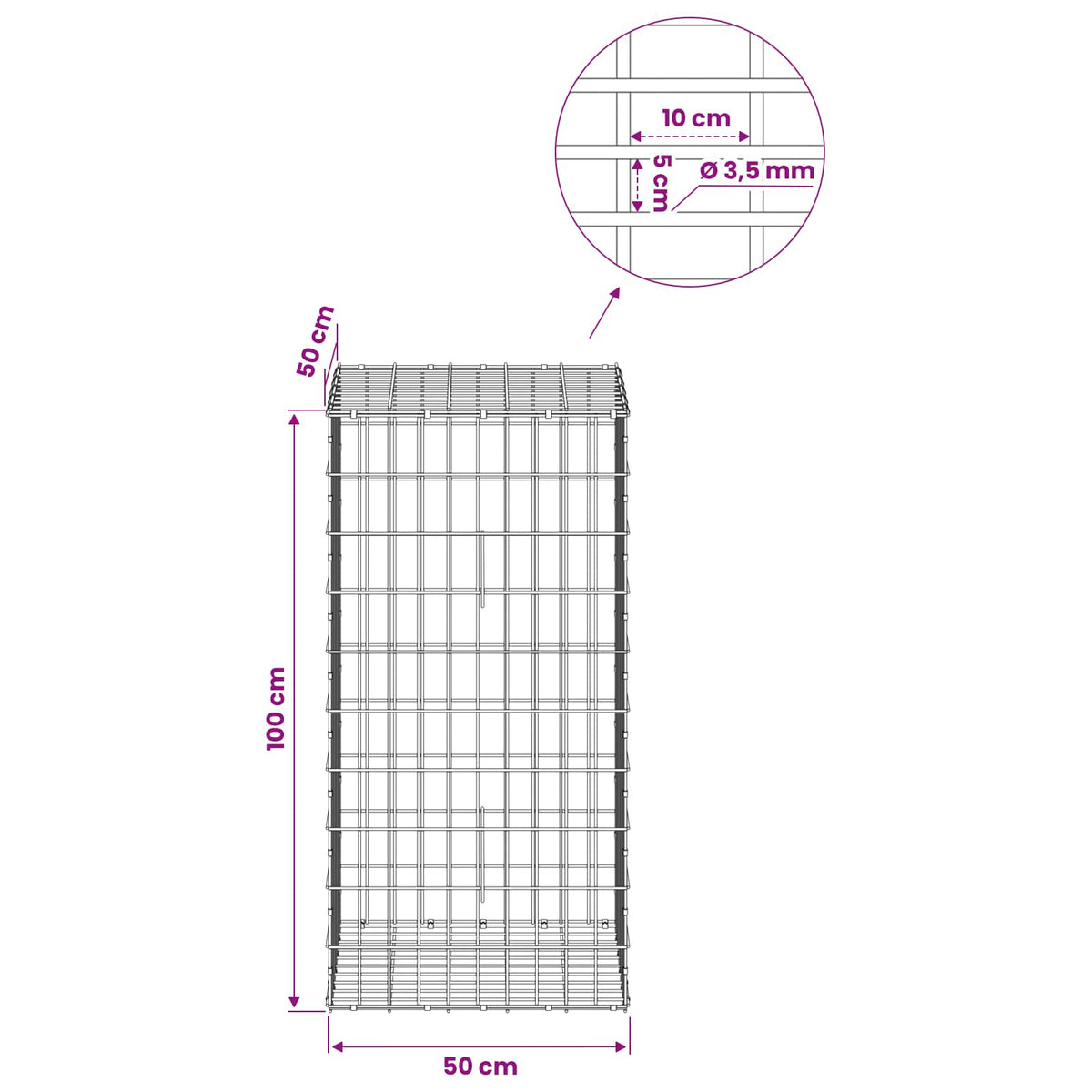 Gabion s žicom debljine 3,5 mm i mrežom 5x10 cm 50x50x100 cm