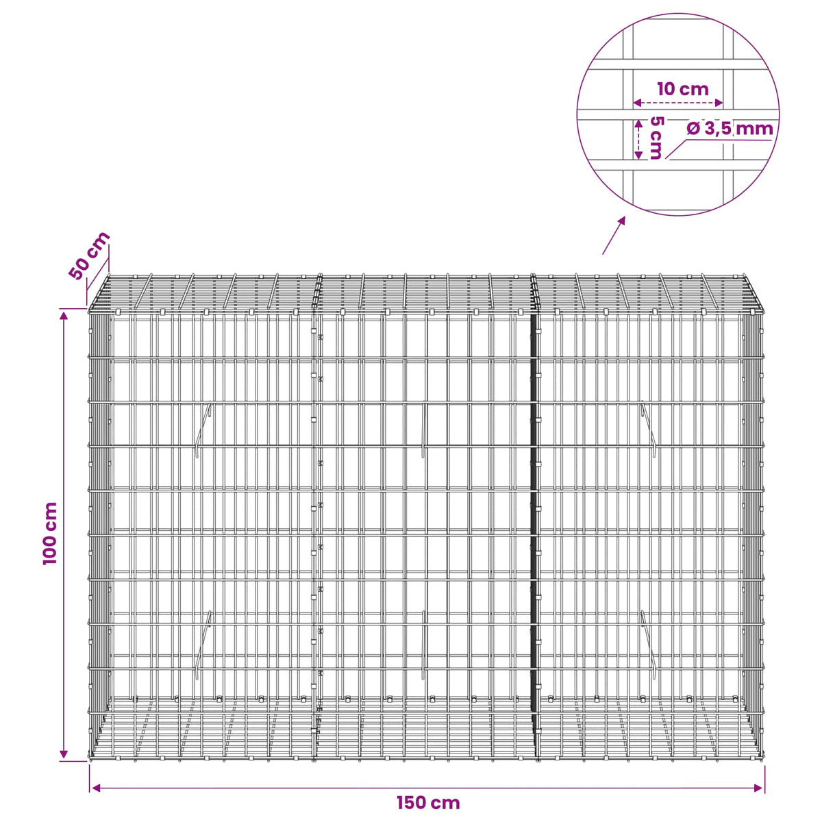 Gabion s žicom debljine 3,5 mm i mrežom 5x10 cm 150x50x100 cm