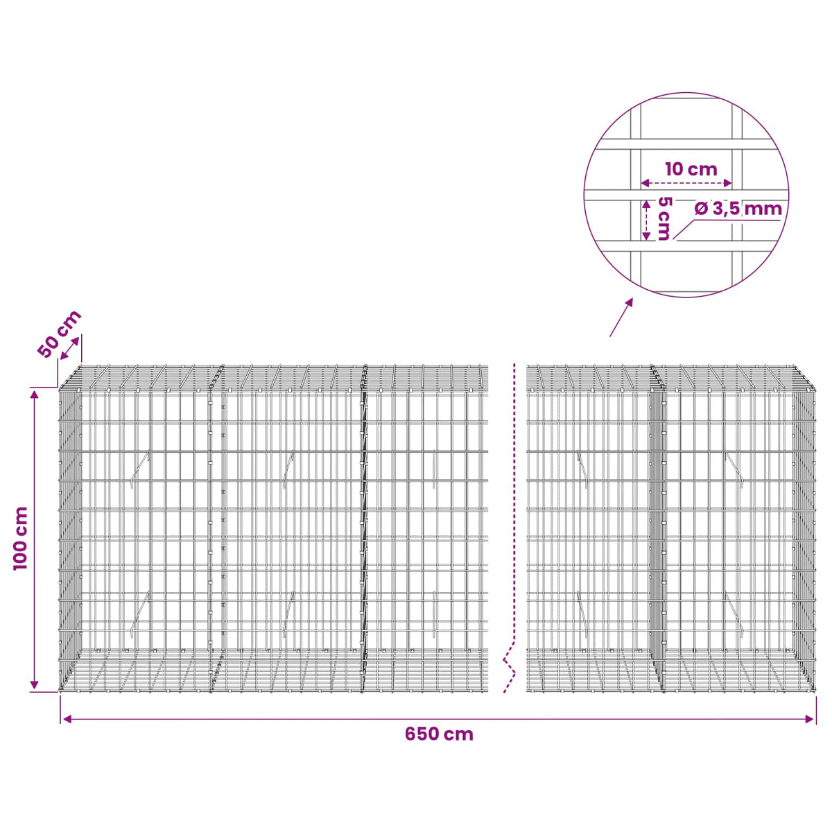 Gabion s žicom debljine 3,5 mm i mrežom 5x10 cm 650x50x100 cm