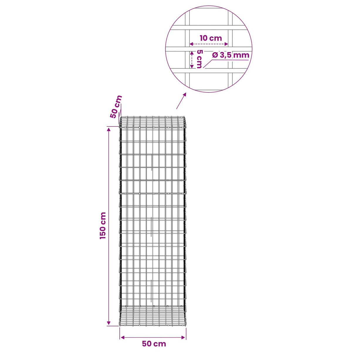 Gabion s žicom debljine 3,5 mm i mrežom 5x10 cm 50x50x150 cm