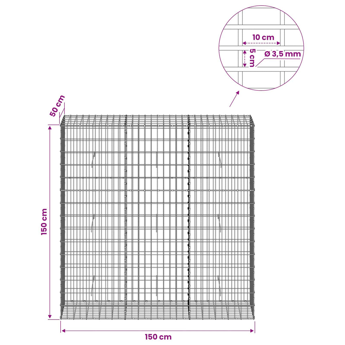 Gabion s žicom debljine 3,5 mm i mrežom 5x10 cm 150x50x150 cm
