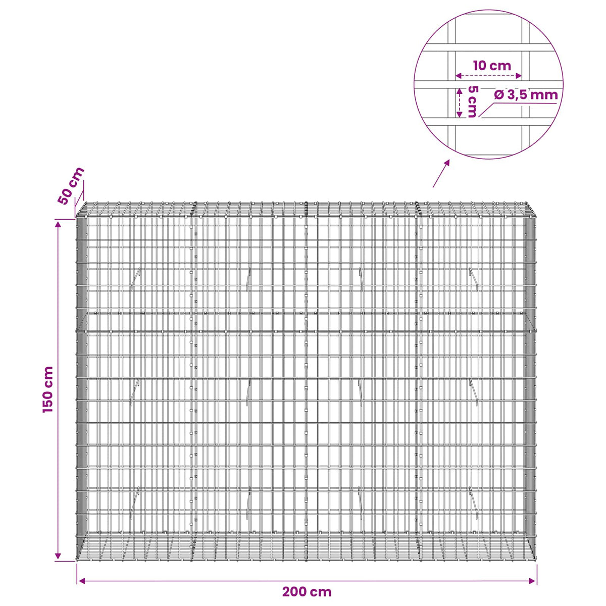 Gabion s žicom debljine 3,5 mm i mrežom 5x10 cm 200x50x150 cm