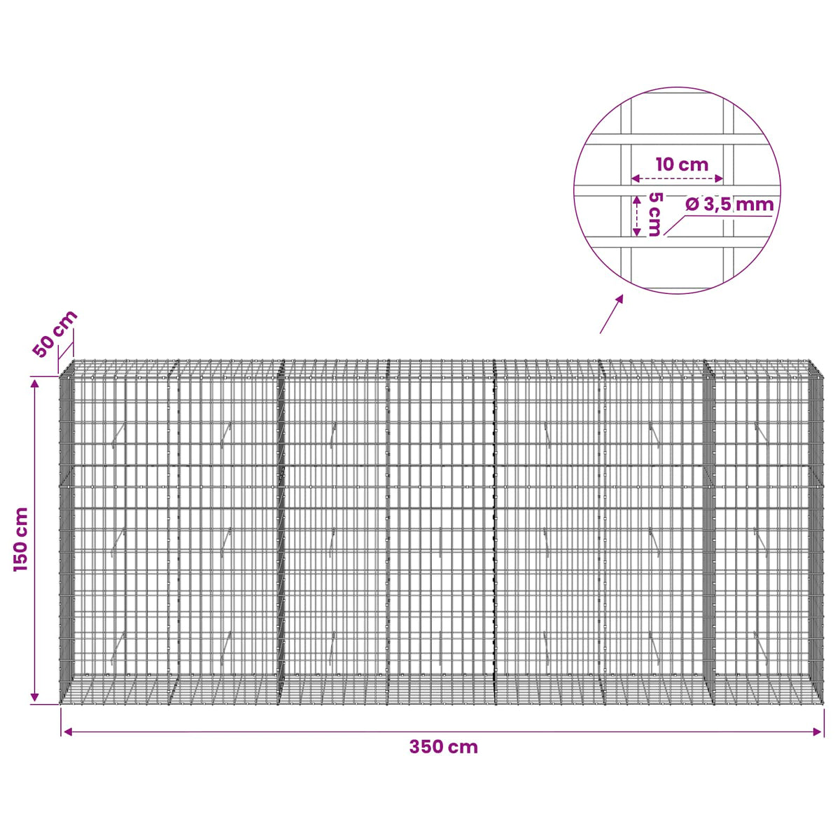 Gabion s žicom debljine 3,5 mm i mrežom 5x10 cm 350x50x150 cm
