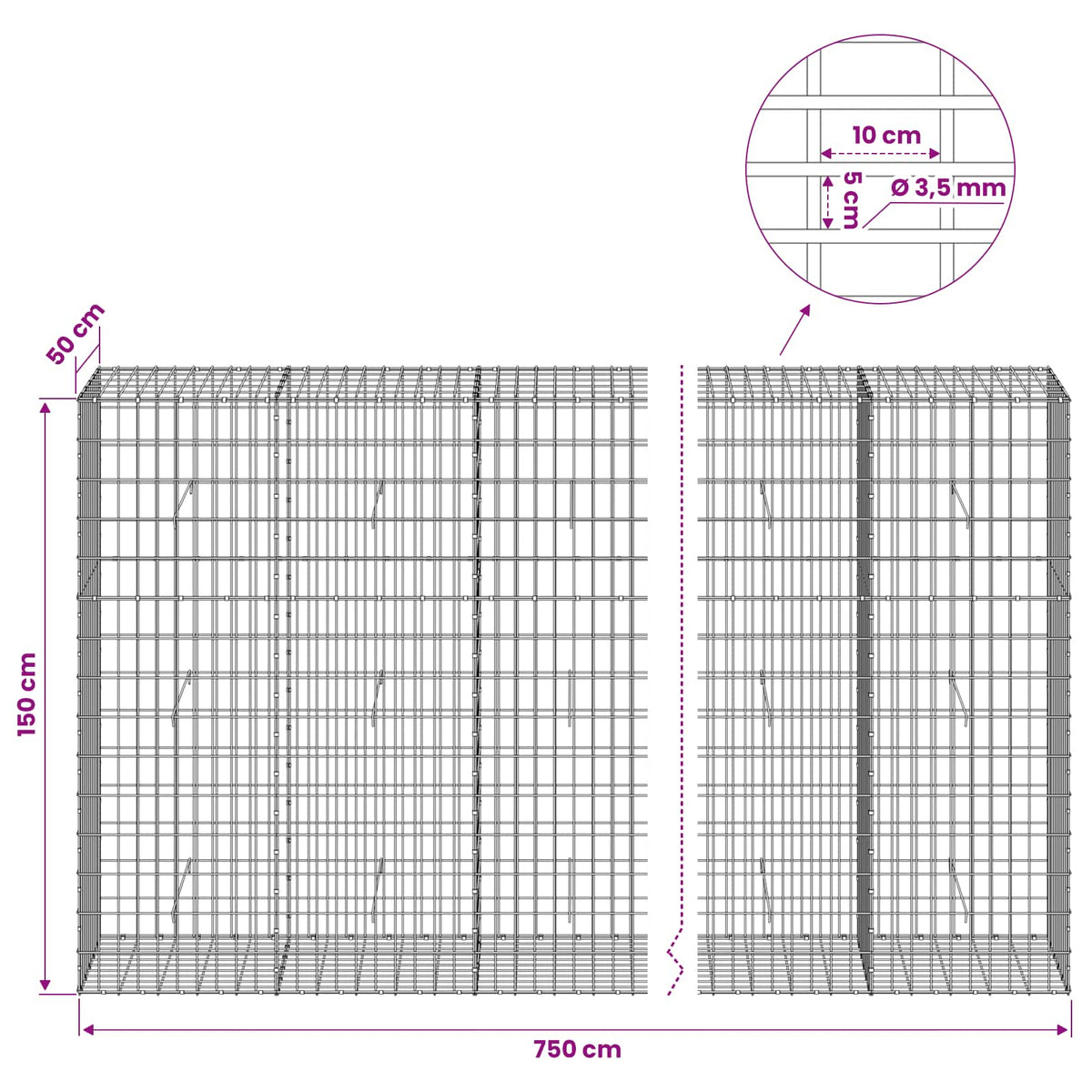 Gabion s žicom debljine 3,5 mm i mrežom 5x10 cm 750x50x150 cm