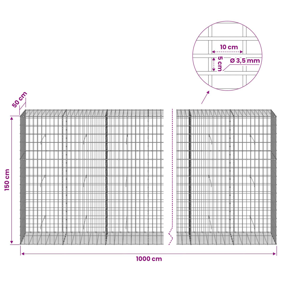 Gabion s žicom debljine 3,5 mm i mrežom 5x10 cm 1000x50x150 cm
