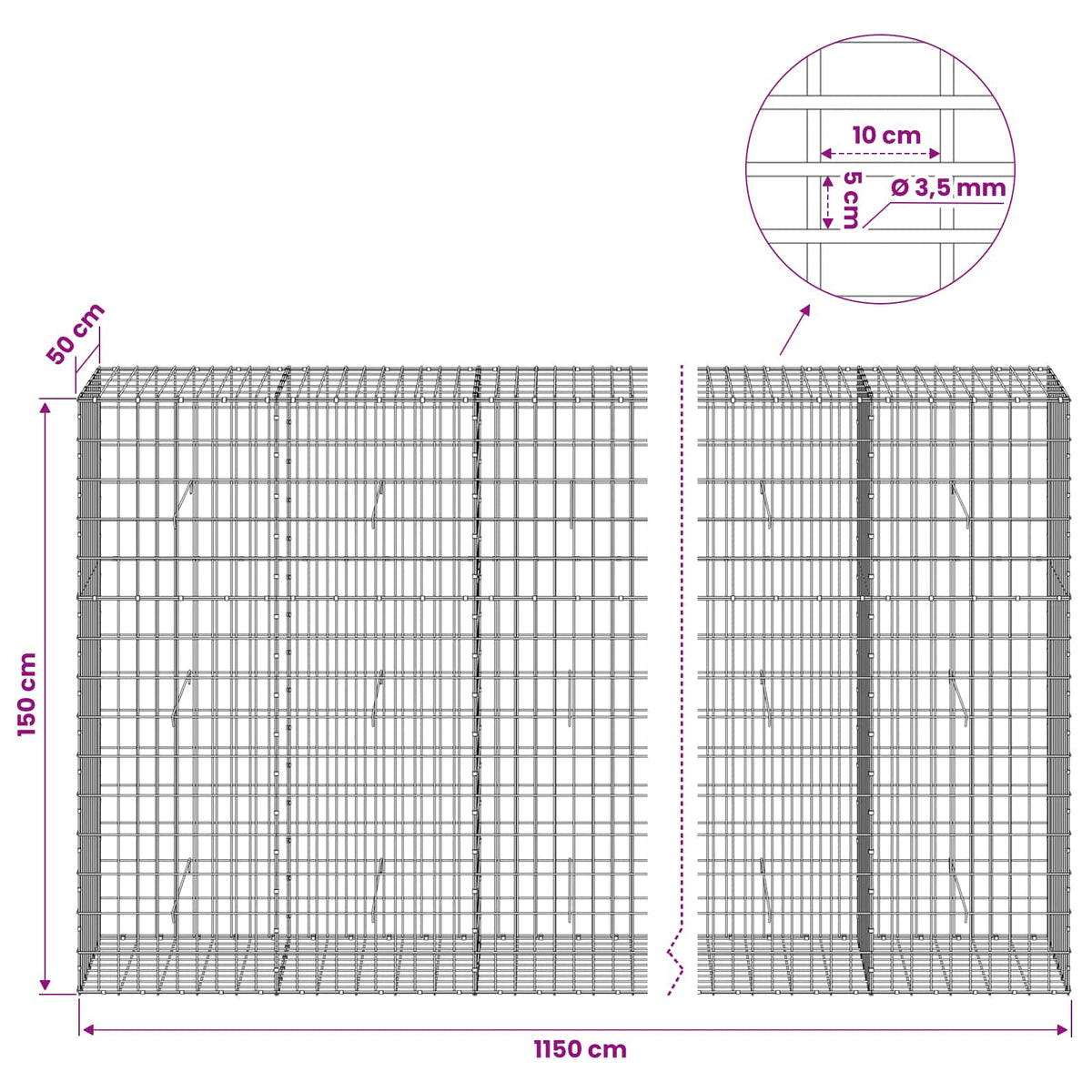 Gabion s žicom debljine 3,5 mm i mrežom 5x10 cm 1150x50x150 cm
