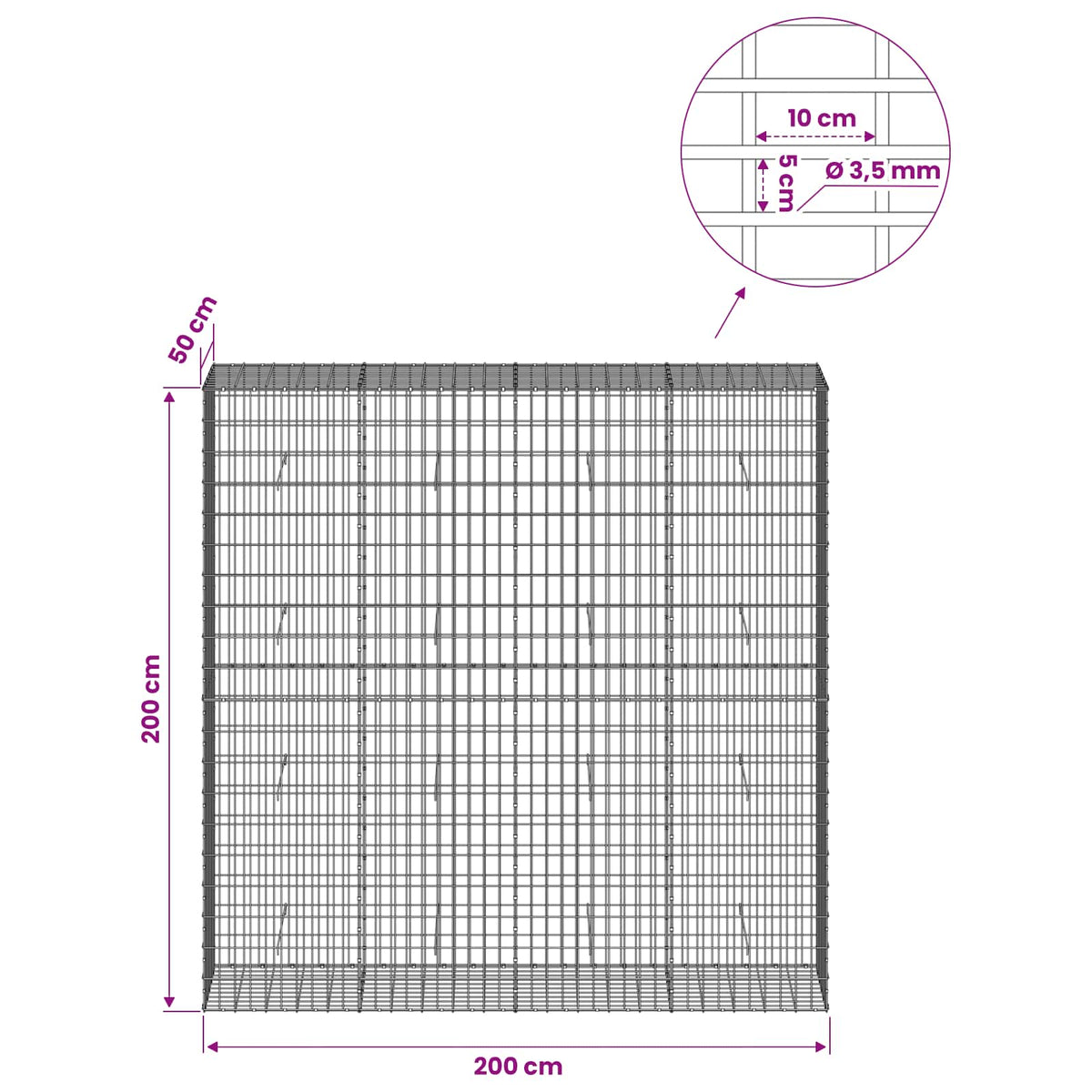 Gabion s žicom debljine 3,5 mm i mrežom 5x10 cm 200x50x200 cm