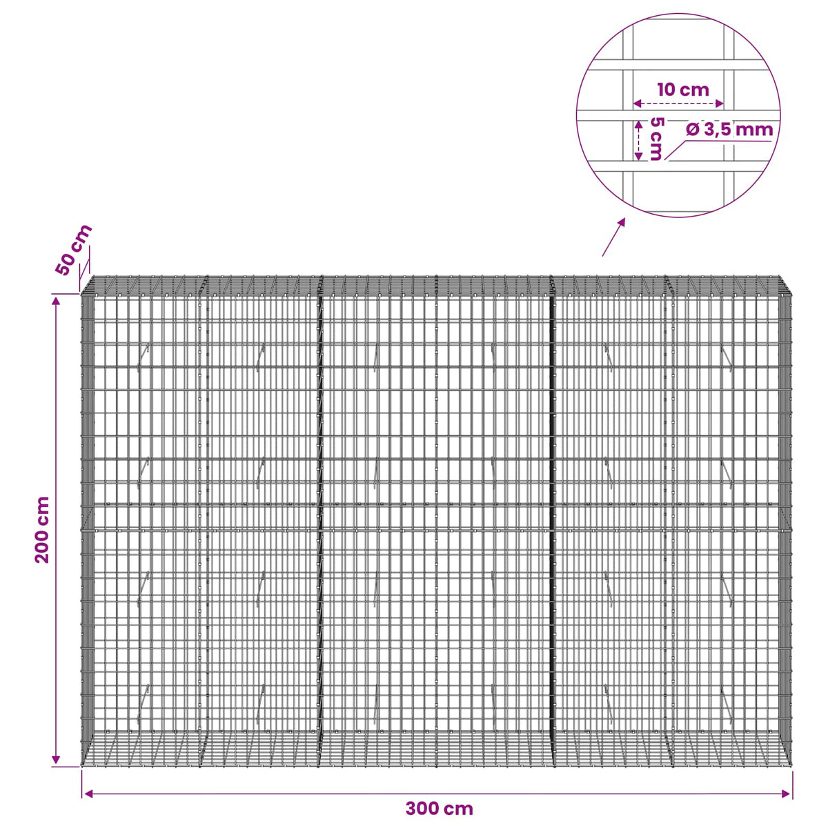 Gabion s žicom debljine 3,5 mm i mrežom 5x10 cm 300x50x200 cm