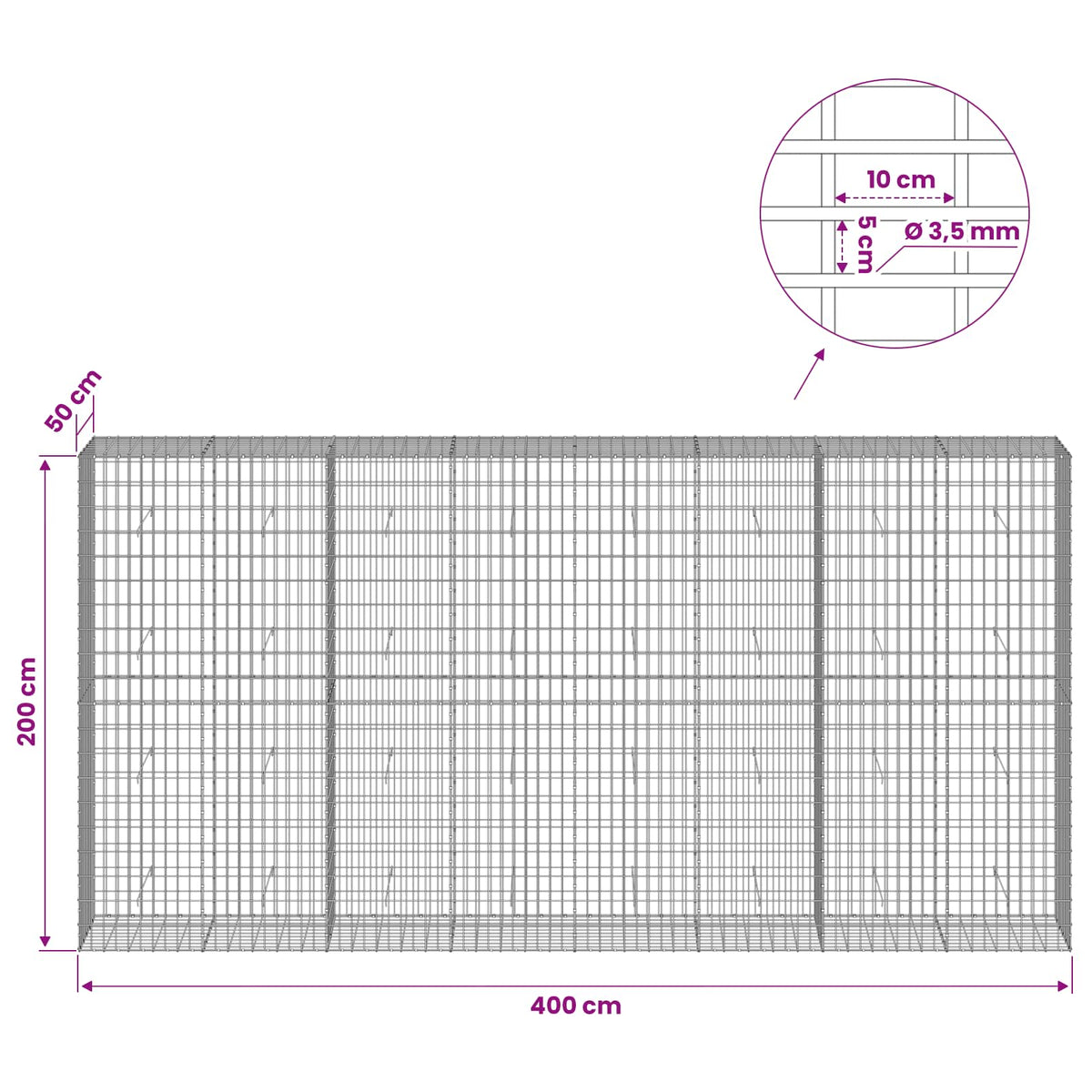 Gabion s žicom debljine 3,5 mm i mrežom 5x10 cm 400x50x200 cm