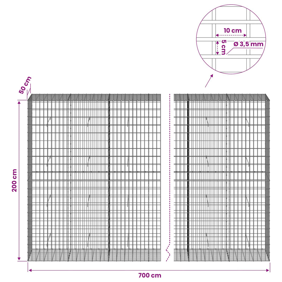 Gabion s žicom debljine 3,5 mm i mrežom 5x10 cm 700x50x200 cm