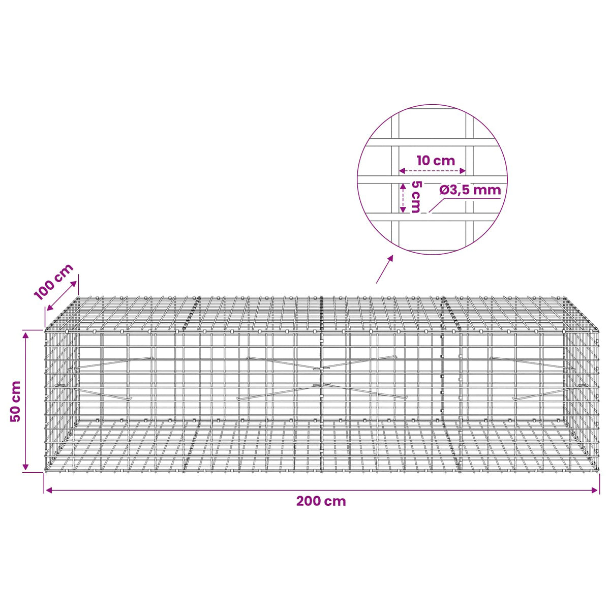 Gabion s žicom debljine 3,5 mm i mrežom 5x10 cm 200x100x50 cm