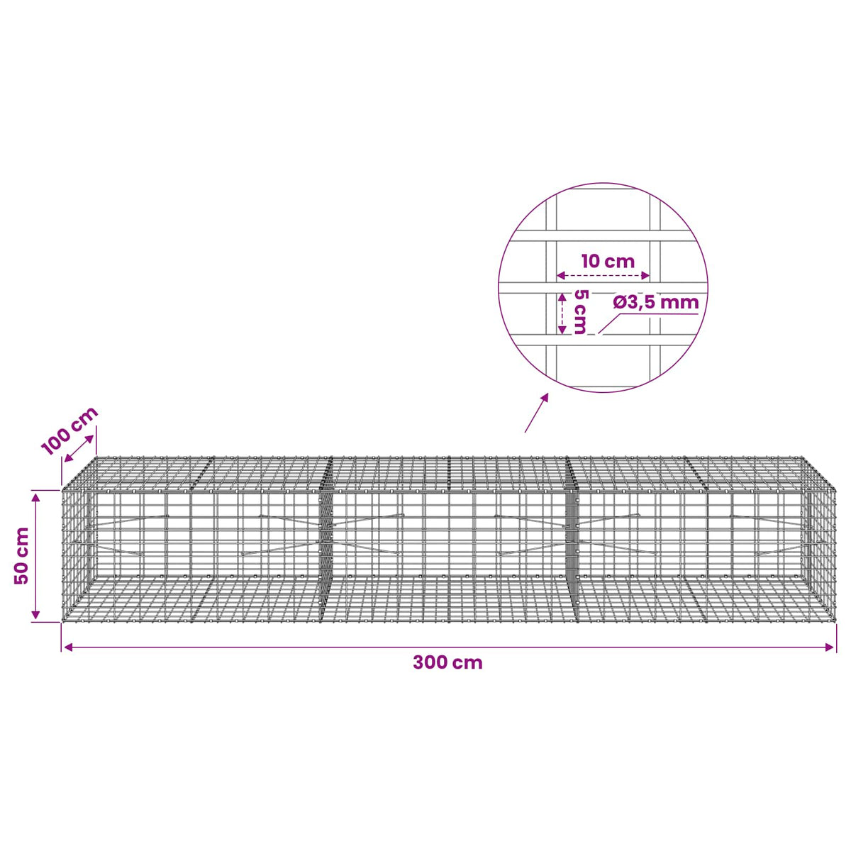 Gabion s žicom debljine 3,5 mm i mrežom 5x10 cm 300x100x50 cm