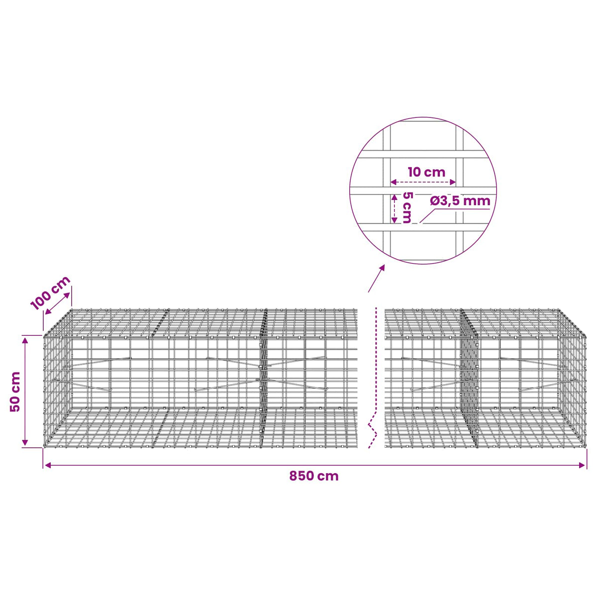 Gabion s žicom debljine 3,5 mm i mrežom 5x10 cm 850x100x50 cm