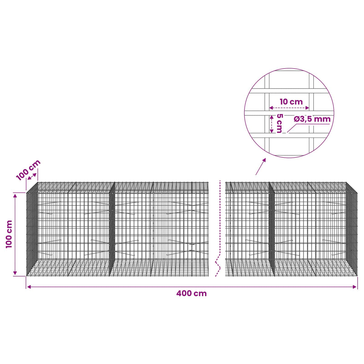 Gabion s žicom debljine 3,5 mm i mrežom 5x10 cm 400x100x100 cm