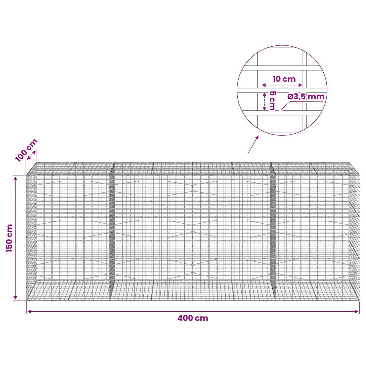 Gabion s žicom debljine 3,5 mm i mrežom 5x10 cm 400x100x150 cm