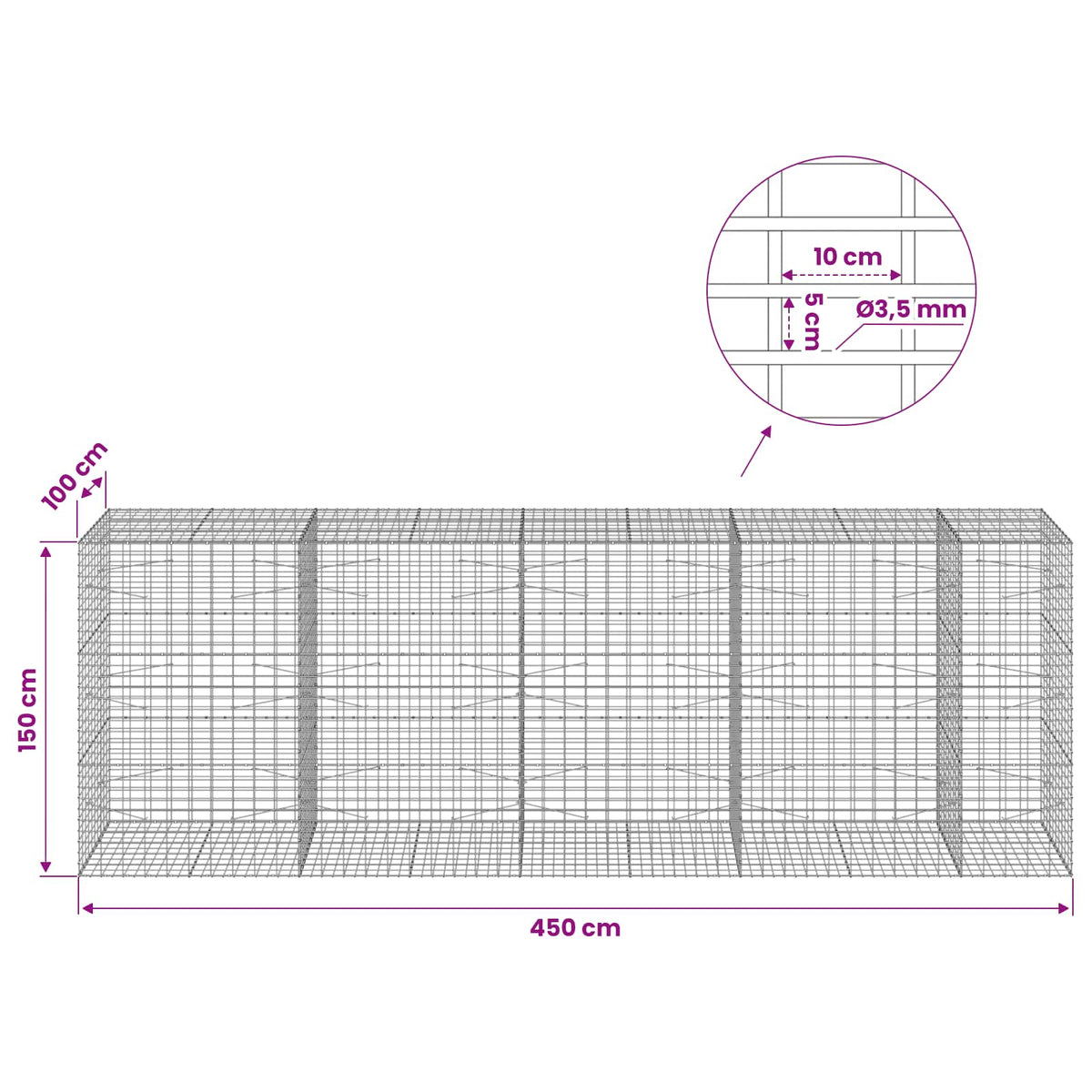 Gabion s žicom debljine 3,5 mm i mrežom 5x10 cm 450x100x150 cm