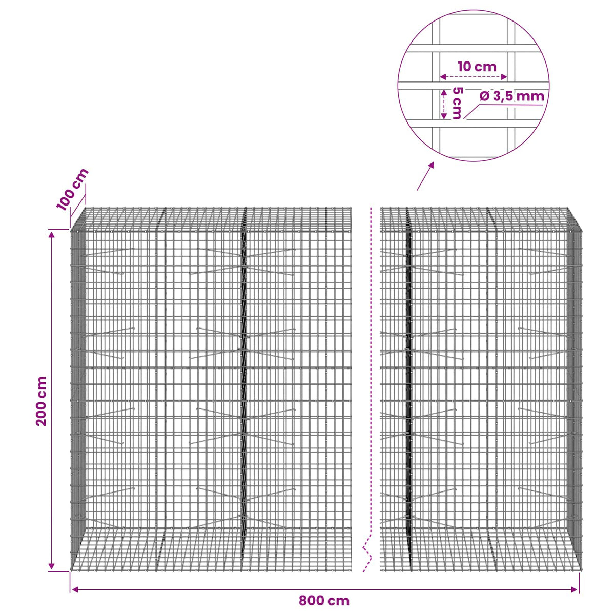 Gabion s žicom debljine 3,5 mm i mrežom 5x10 cm 800x100x200 cm